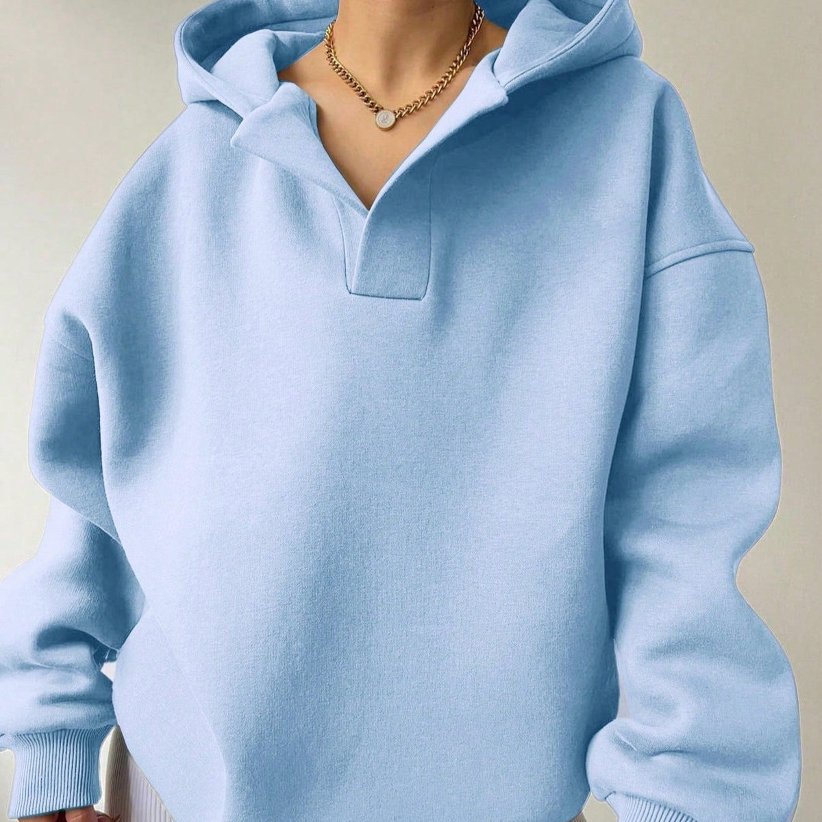 Sudadera de Forro Polar Oversize Cómoda para Mujer con Cuello en V, Manga Larga, Hombro Caído y Estilo Relajado