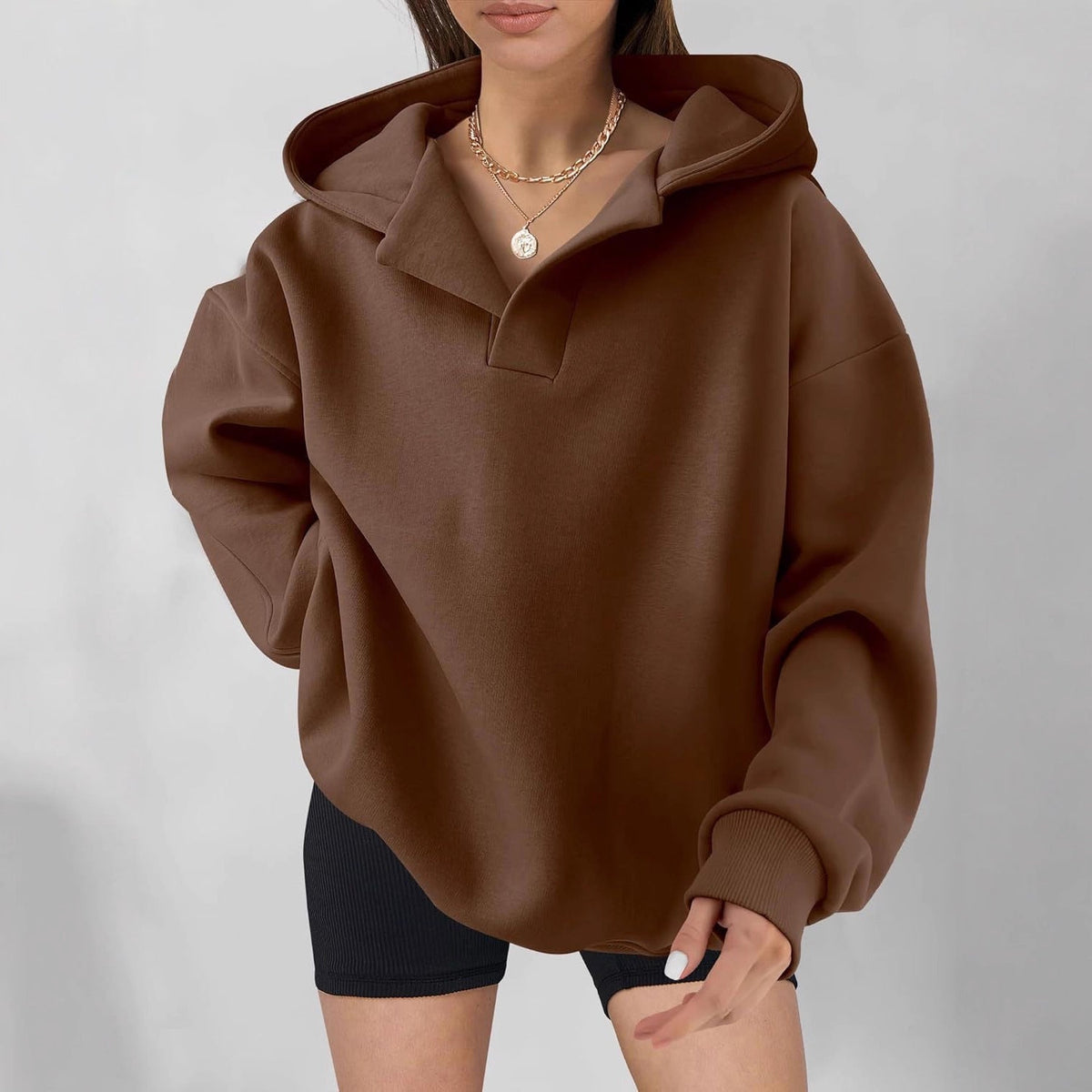 Sudadera de Forro Polar Oversize Cómoda para Mujer con Cuello en V, Manga Larga, Hombro Caído y Estilo Relajado