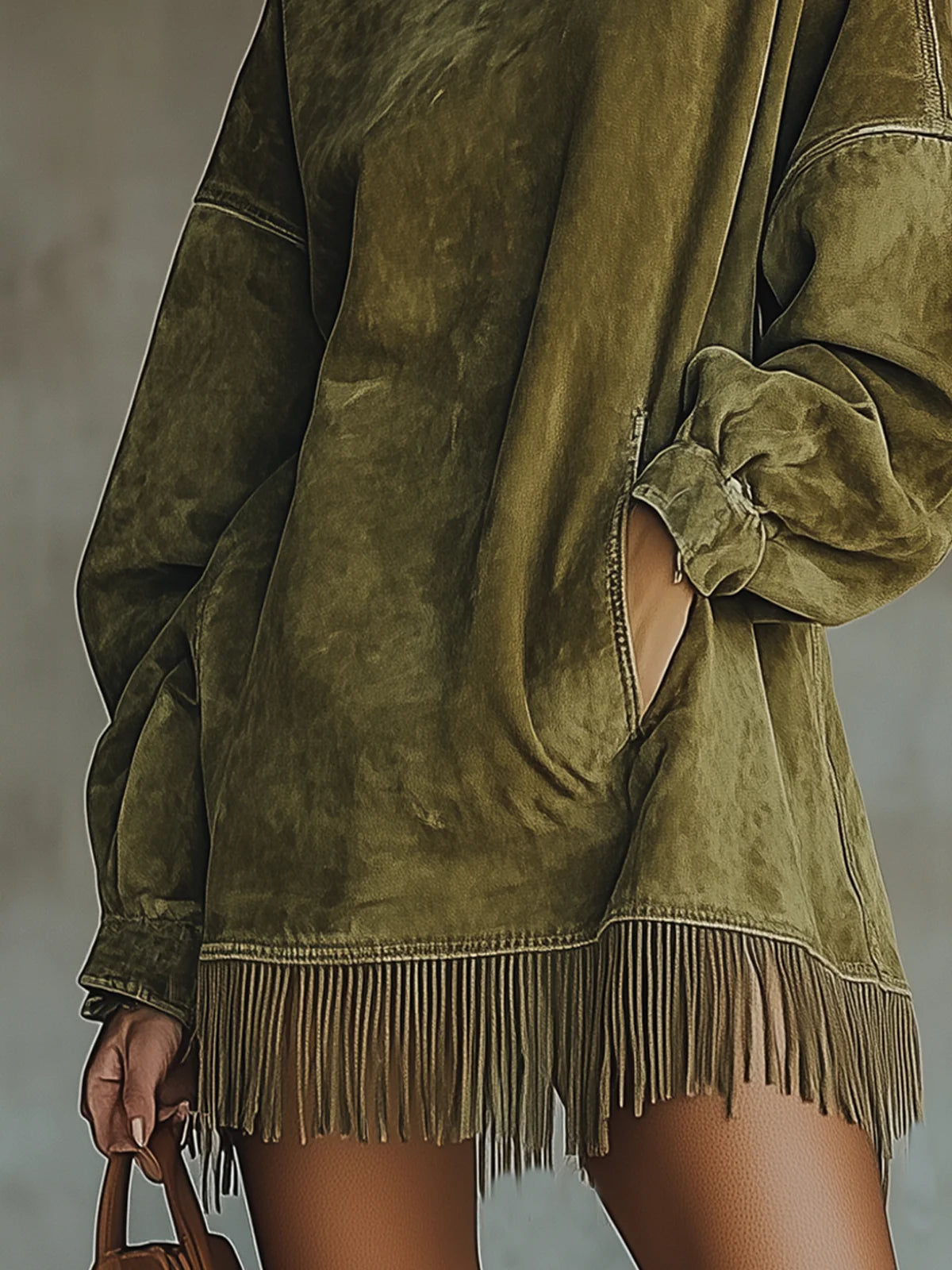 Darcie | Vestido de ante con flecos y cuello alto
