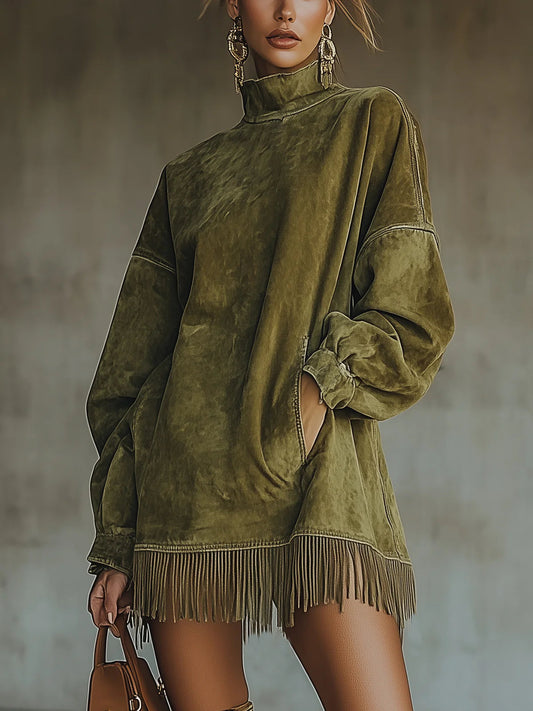 Darcie | Vestido de ante con flecos y cuello alto