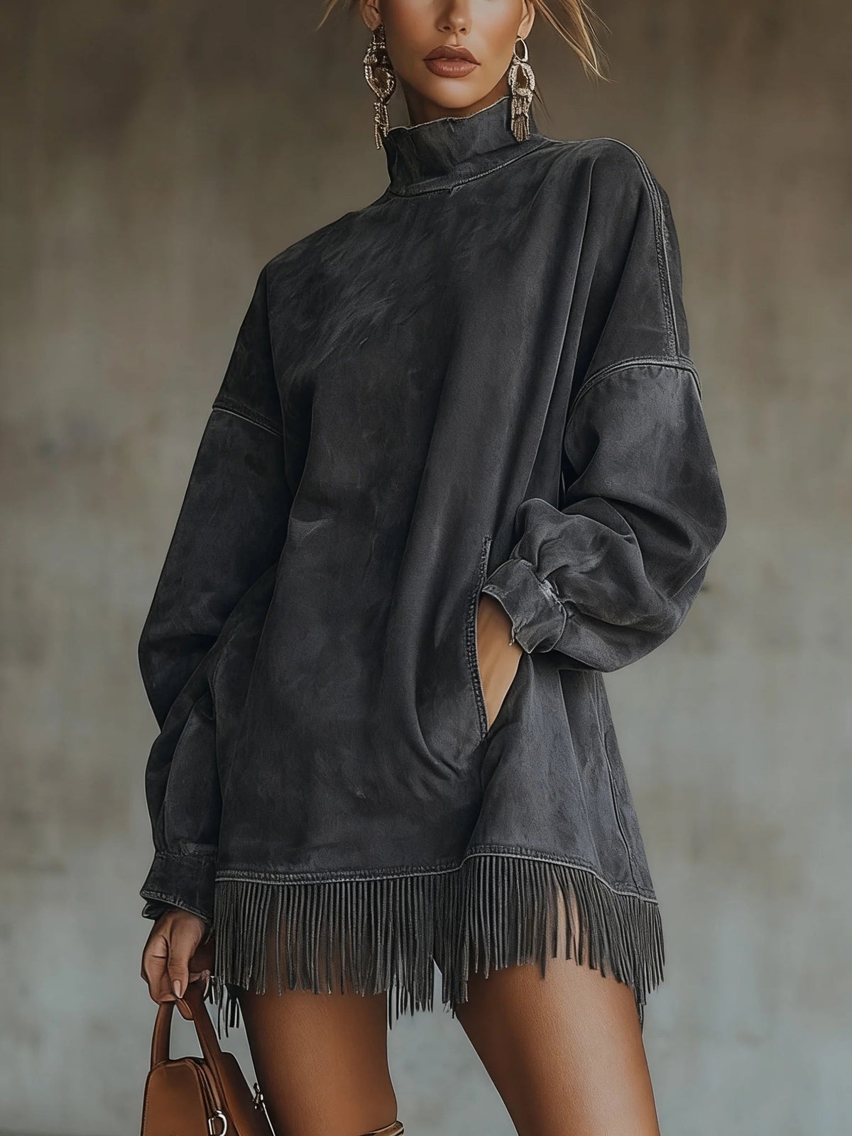 Darcie | Vestido de ante con flecos y cuello alto