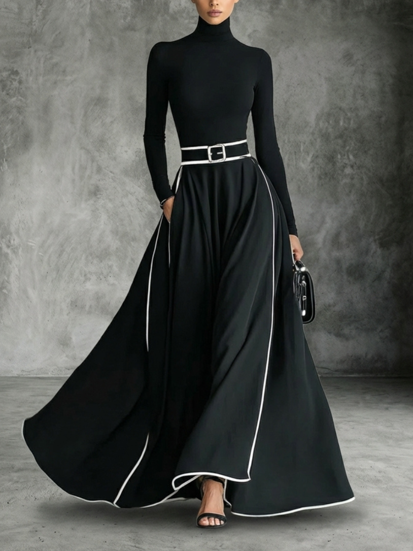 Vestido Maxi Negro Entallado con Cuello Alto Elegante