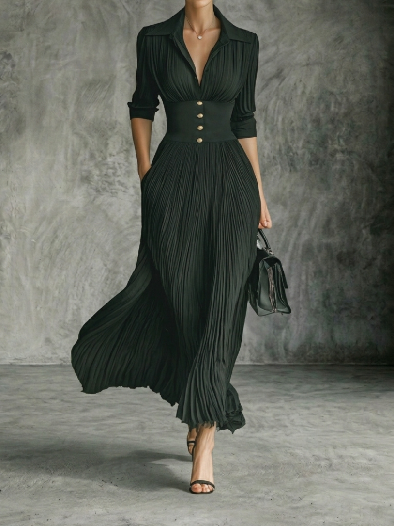 Vestido Maxi Elegante Con Cuello Solapa Y Falda Plisada