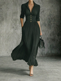 Vestido Maxi Elegante Con Cuello Solapa Y Falda Plisada