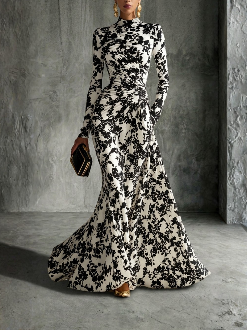 Vestido Maxi Floral Elegante Cuello Alto Manga Larga
