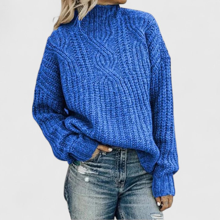 Jersey de Punto Trenzado Cómodo para Mujer con Cuello Alto, Manga Globo y Estilo Oversize Relajado