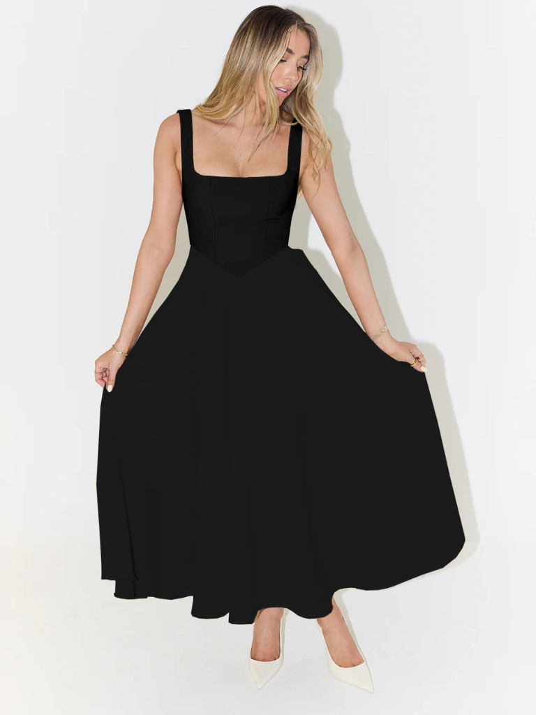 Vestido Midi Elegante con Escote Cuadrado Fluido