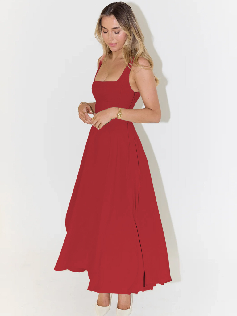 Vestido Midi Elegante con Escote Cuadrado Fluido