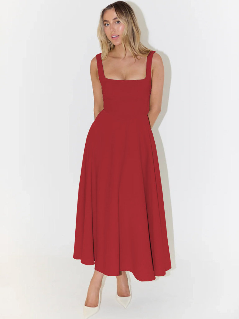 Vestido Midi Elegante con Escote Cuadrado Fluido