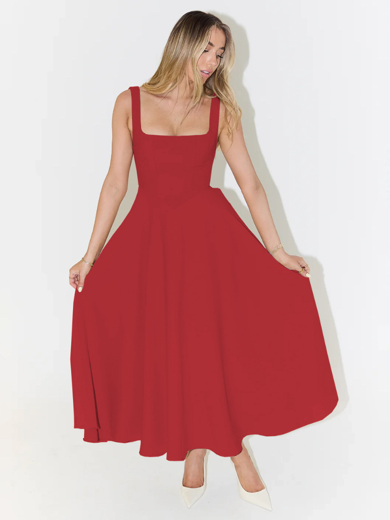 Vestido Midi Elegante con Escote Cuadrado Fluido