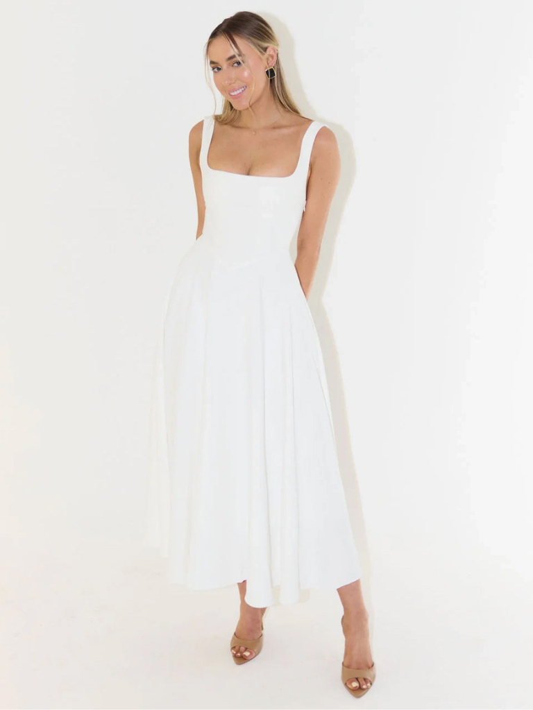 Vestido Midi Elegante con Escote Cuadrado Fluido
