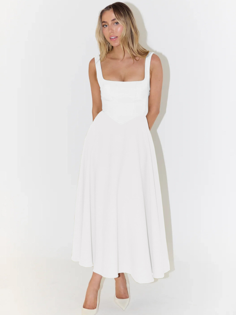 Vestido Midi Elegante con Escote Cuadrado Fluido
