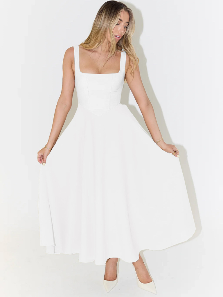 Vestido Midi Elegante con Escote Cuadrado Fluido