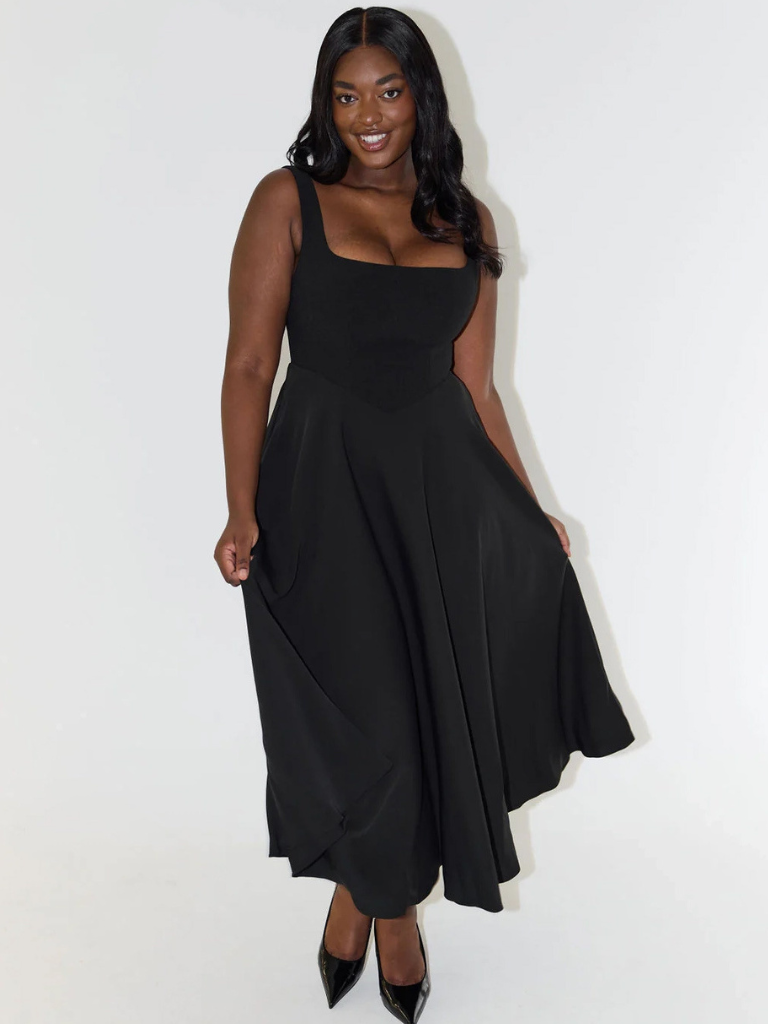 Vestido Midi Elegante con Escote Cuadrado Fluido