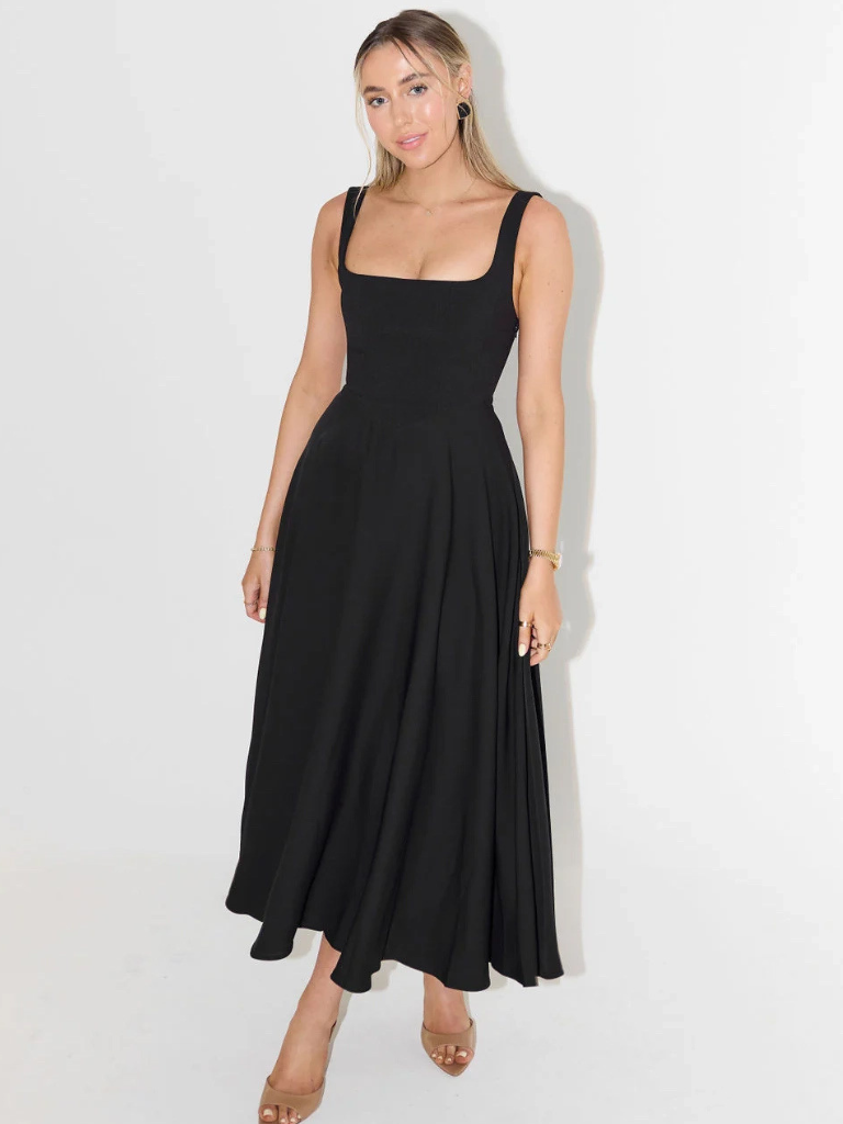 Vestido Midi Elegante con Escote Cuadrado Fluido