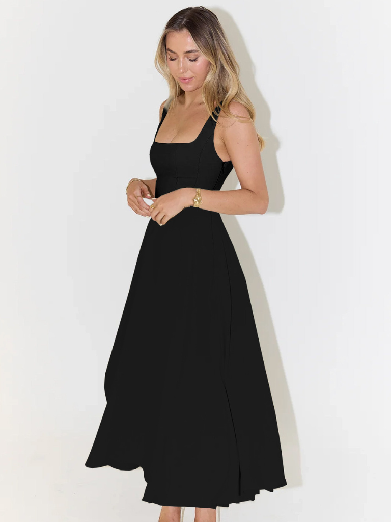 Vestido Midi Elegante con Escote Cuadrado Fluido