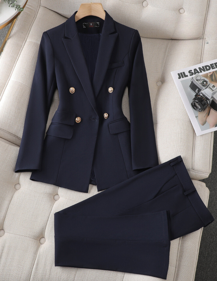 Conjunto elegante de blazer de sastrería para mujer con cuello de solapa, manga larga, pantalón de pierna ancha y diseño de dos piezas