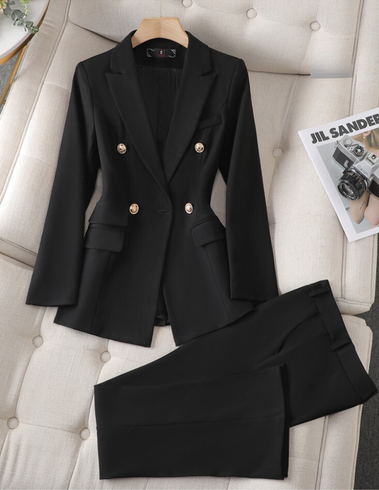 Conjunto elegante de blazer de sastrería para mujer con cuello de solapa, manga larga, pantalón de pierna ancha y diseño de dos piezas