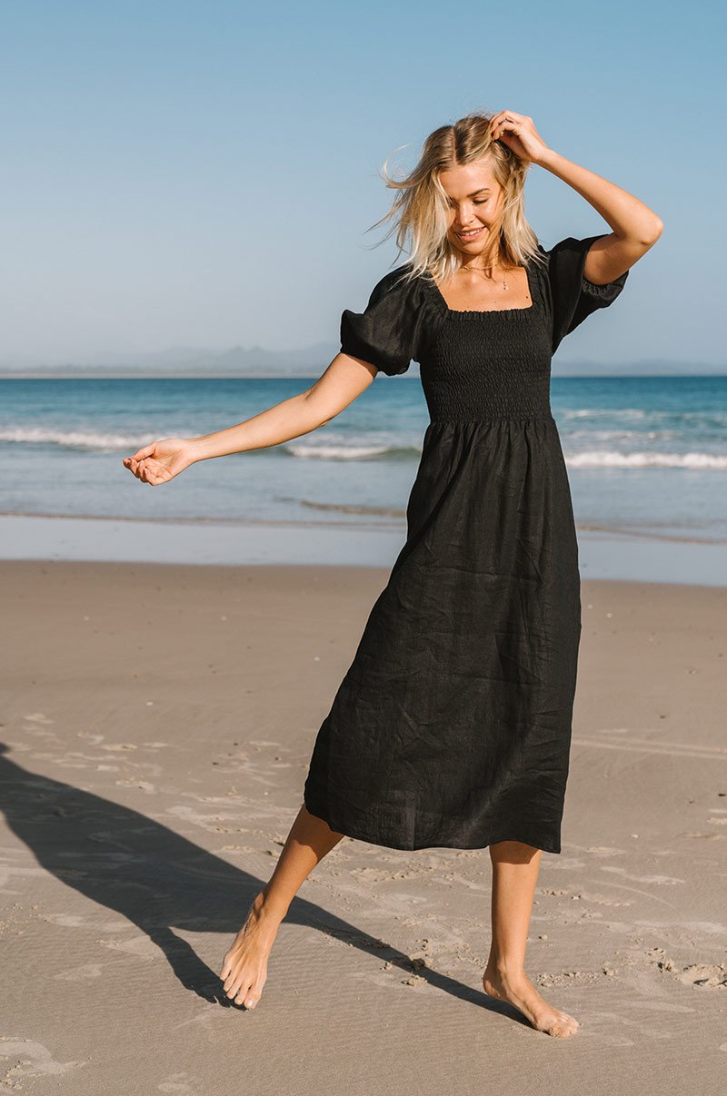 Vestido Midi De Lino Con Nido De Abeja Y Mangas Abullonadas