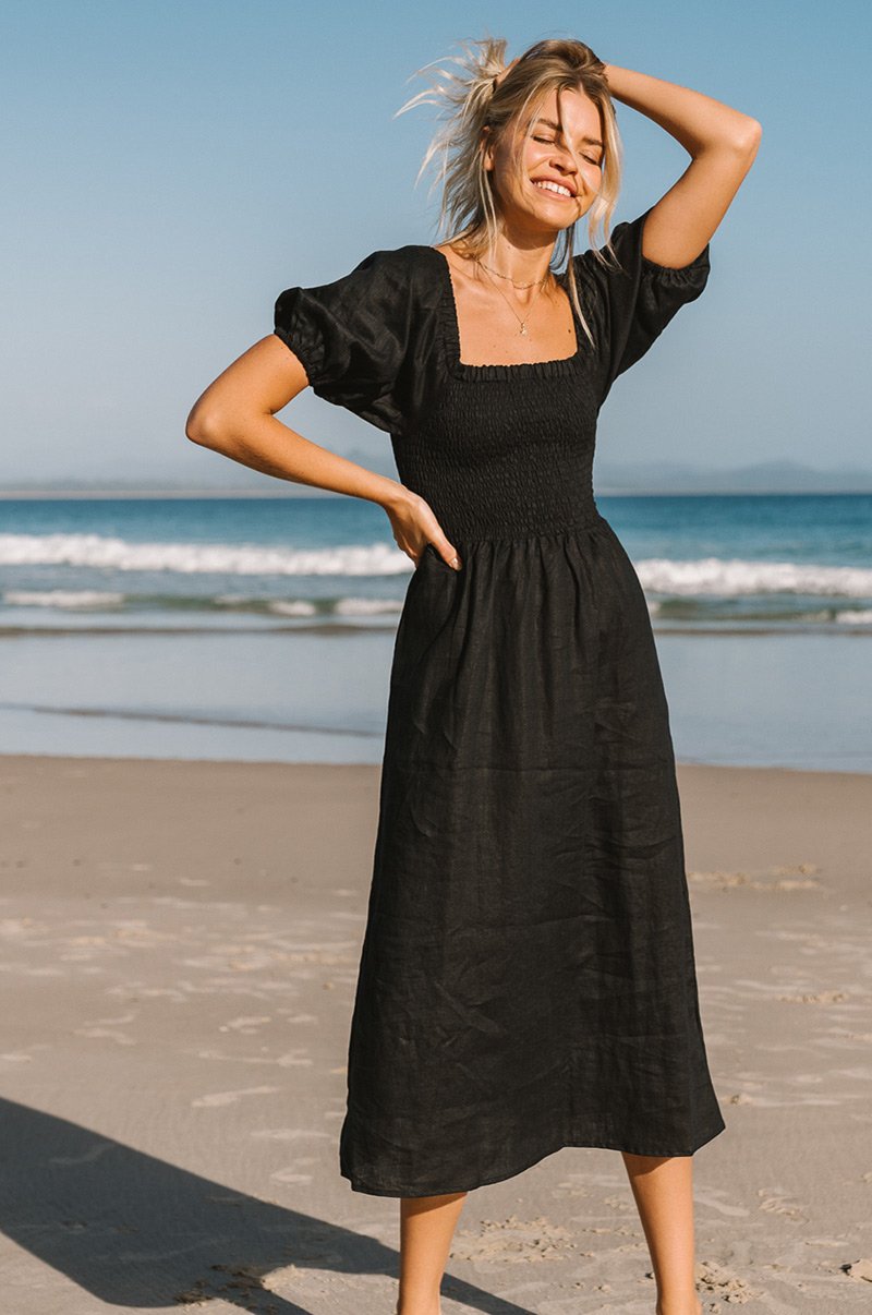 Vestido Midi De Lino Con Nido De Abeja Y Mangas Abullonadas