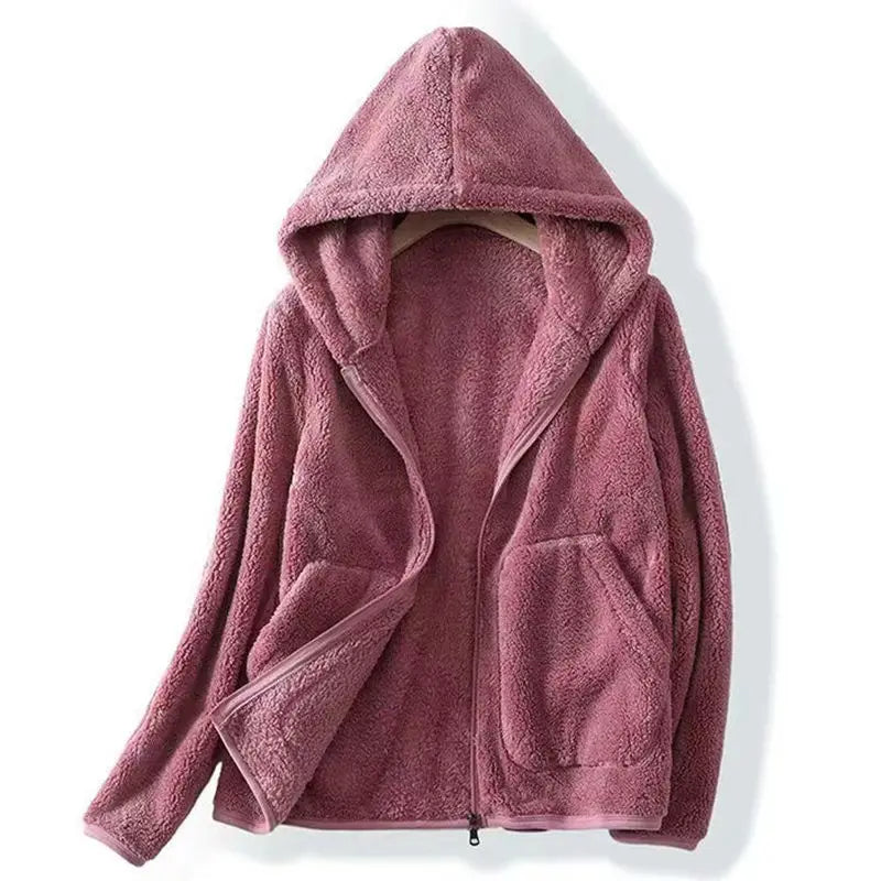 Sudadera de Forro Polar Borreguito Cómoda para Mujer con Capucha, Manga Larga, Cremallera Delantera y Estilo Oversize Relajado