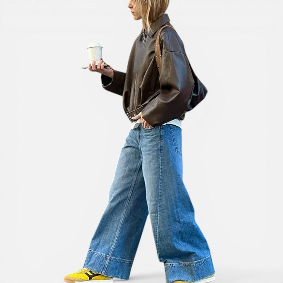 Chaqueta elegante de cuero para mujer, con cuello, manga larga, cinturón y estilo bomber oversize