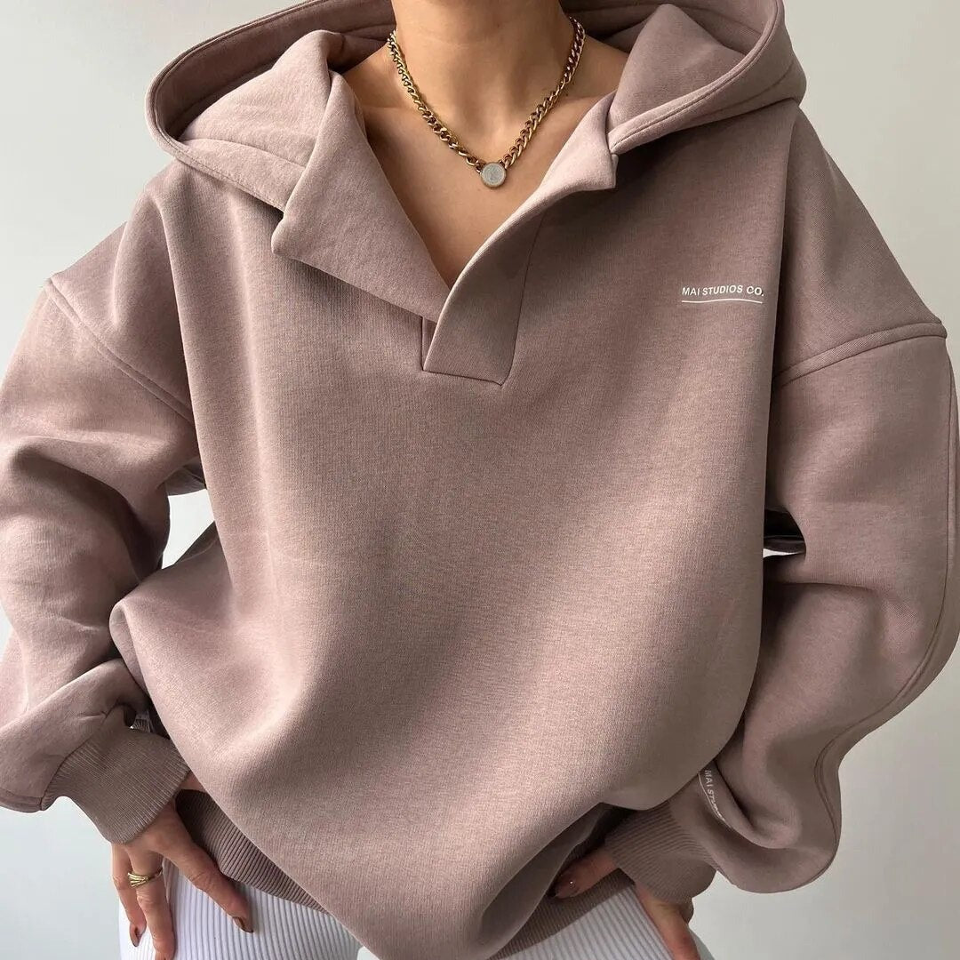 Sudadera de Forro Polar Cómoda para Mujer con Cuello Polo, Manga Larga, Oversize, Hombro Caído y Punto