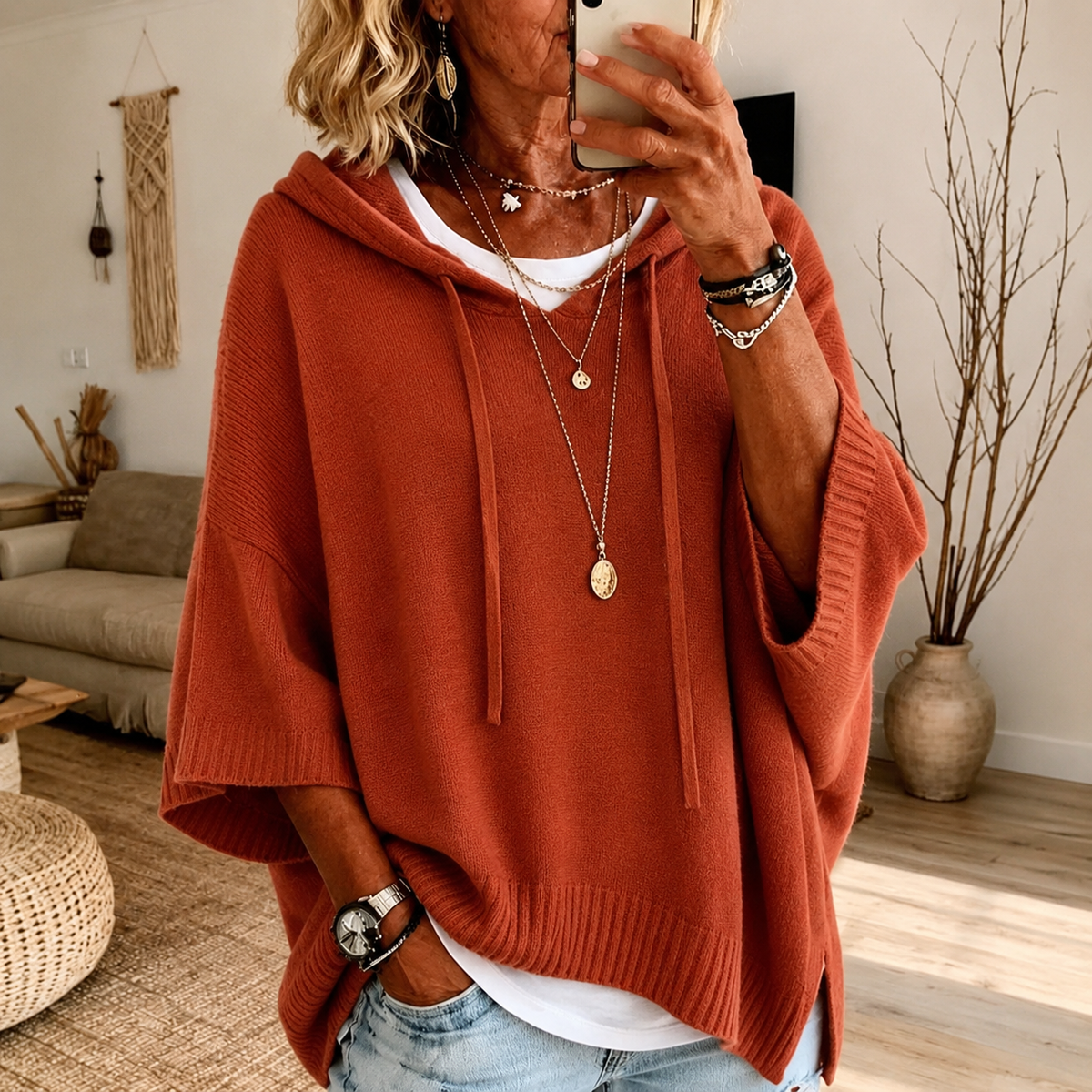 Oceane – Jersey poncho terracota