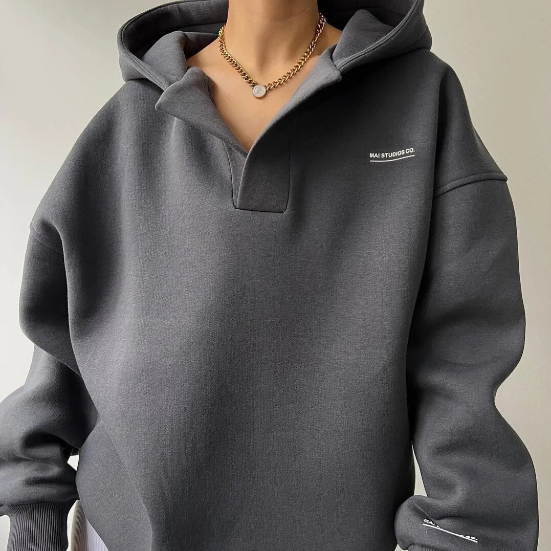 Sudadera de Forro Polar Cómoda para Mujer con Cuello Polo, Manga Larga, Oversize, Hombro Caído y Punto