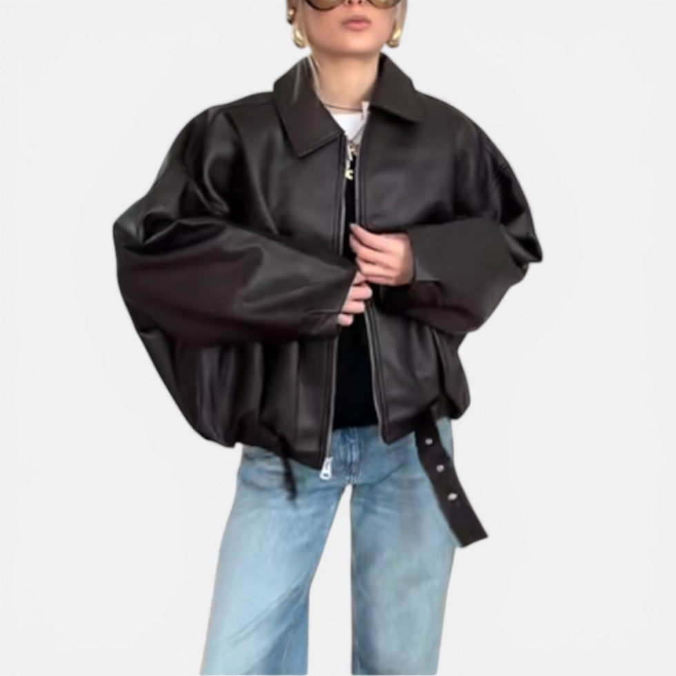 Chaqueta elegante de cuero para mujer, con cuello, manga larga, cinturón y estilo bomber oversize