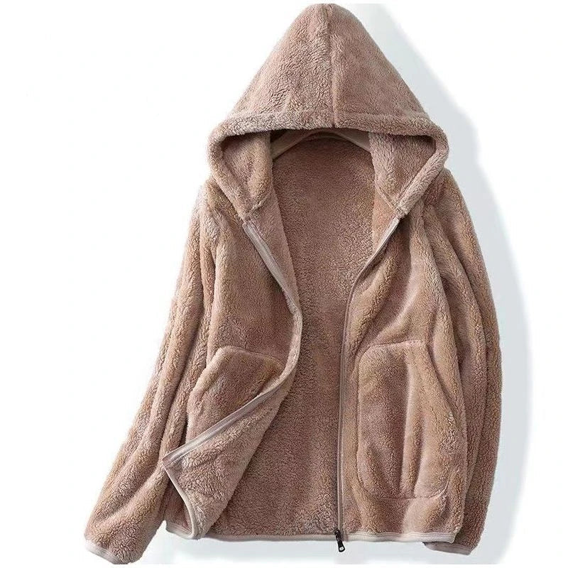Sudadera de Forro Polar Borreguito Cómoda para Mujer con Capucha, Manga Larga, Cremallera Delantera y Estilo Oversize Relajado