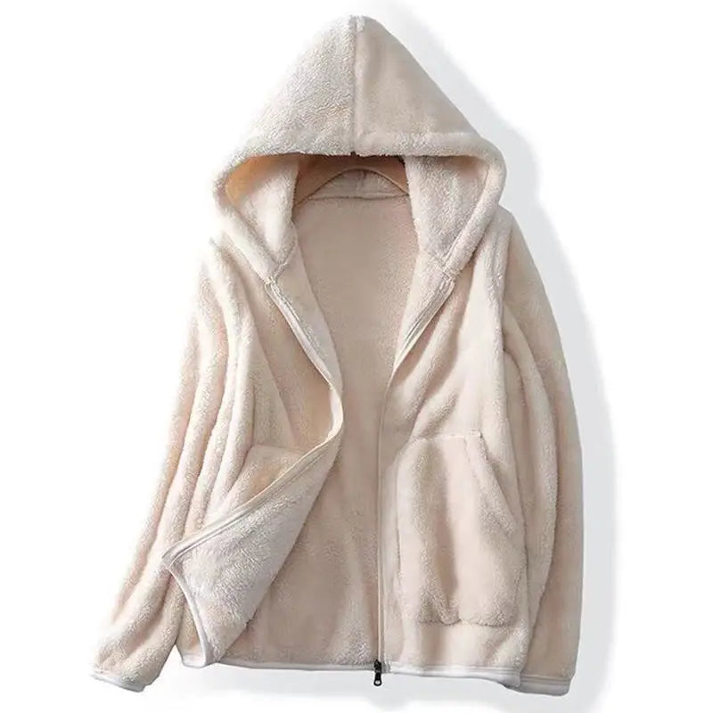 Sudadera de Forro Polar Borreguito Cómoda para Mujer con Capucha, Manga Larga, Cremallera Delantera y Estilo Oversize Relajado