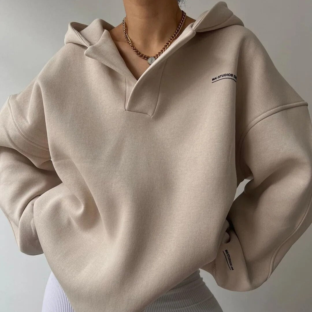 Sudadera de Forro Polar Cómoda para Mujer con Cuello Polo, Manga Larga, Oversize, Hombro Caído y Punto