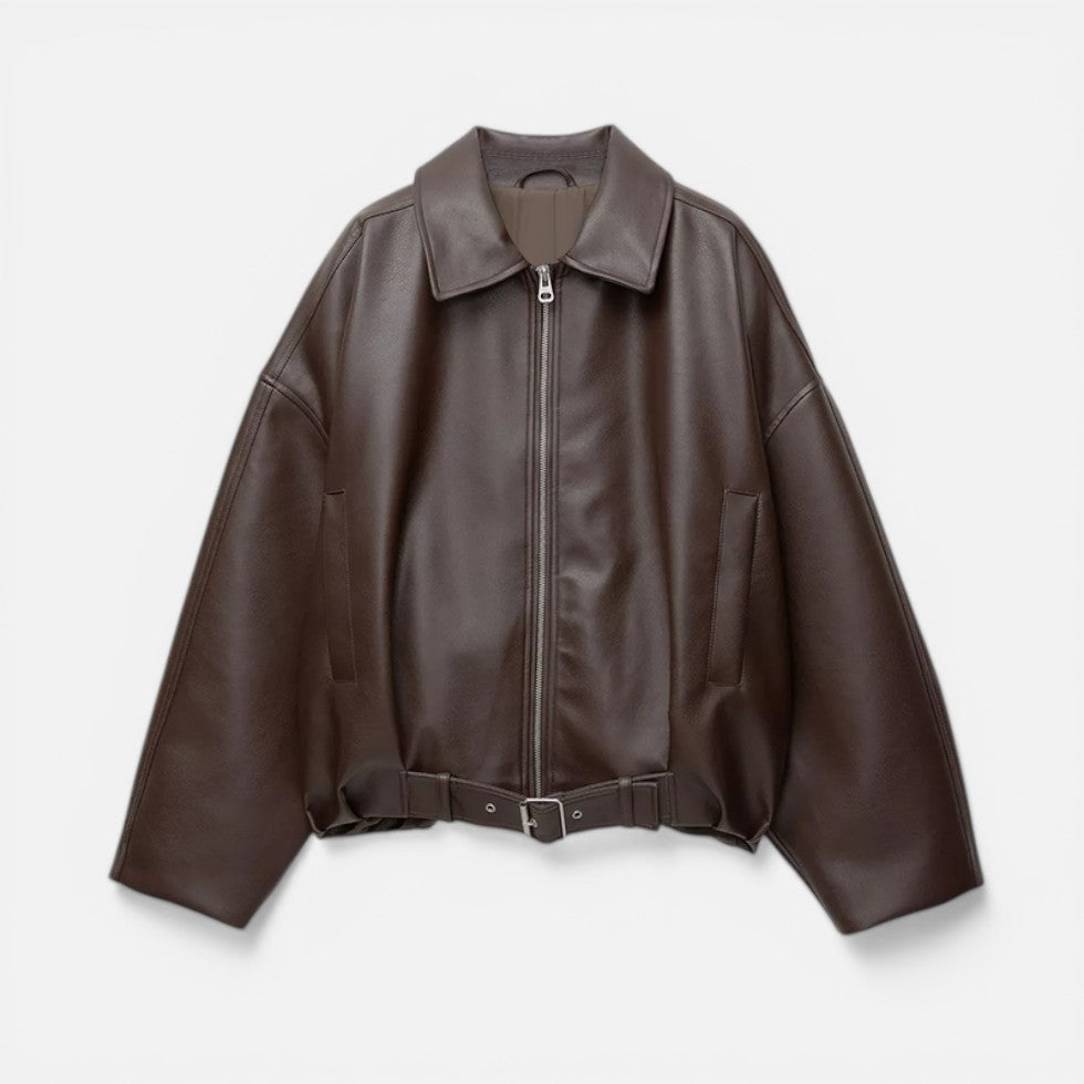 Chaqueta elegante de cuero para mujer, con cuello, manga larga, cinturón y estilo bomber oversize