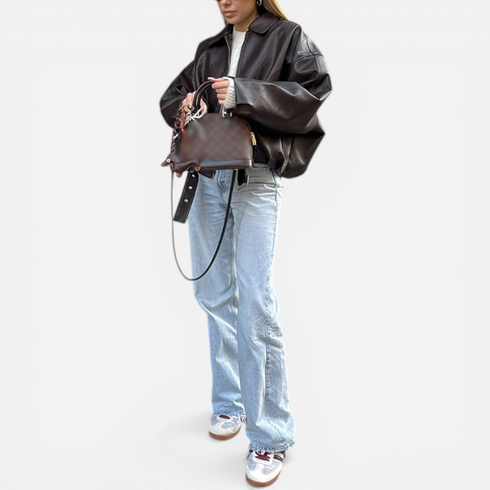 Chaqueta elegante de cuero para mujer, con cuello, manga larga, cinturón y estilo bomber oversize