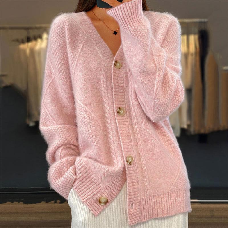 Cárdigan de Punto Trenzado Cómodo para Mujer con Cuello en V, Manga Larga, Botonadura Delantera y Estilo Oversize Relajado