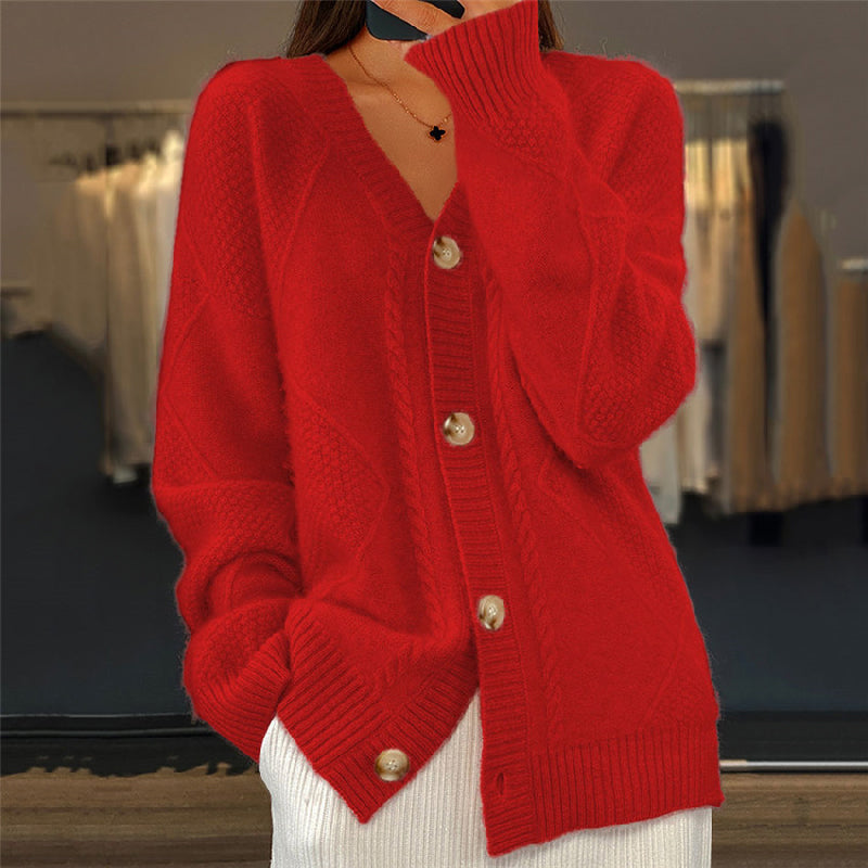 Cárdigan de Punto Trenzado Cómodo para Mujer con Cuello en V, Manga Larga, Botonadura Delantera y Estilo Oversize Relajado
