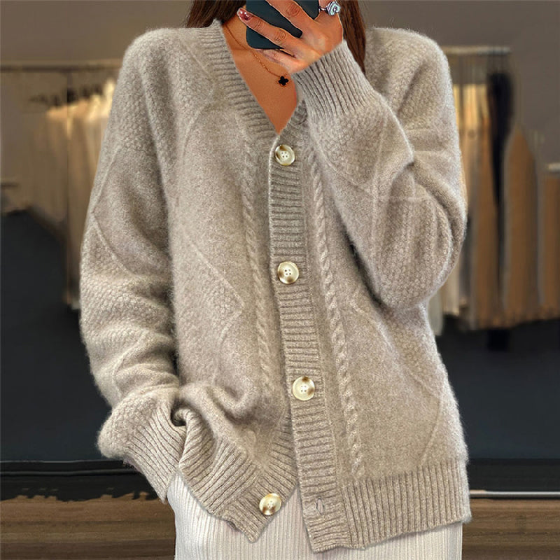 Cárdigan de Punto Trenzado Cómodo para Mujer con Cuello en V, Manga Larga, Botonadura Delantera y Estilo Oversize Relajado