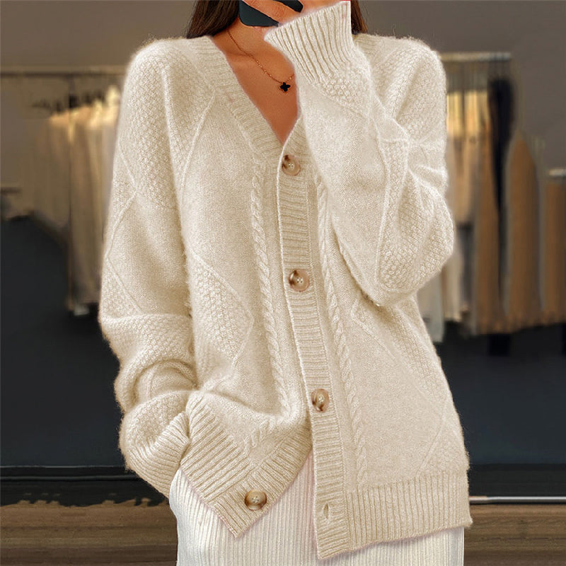 Cárdigan de Punto Trenzado Cómodo para Mujer con Cuello en V, Manga Larga, Botonadura Delantera y Estilo Oversize Relajado