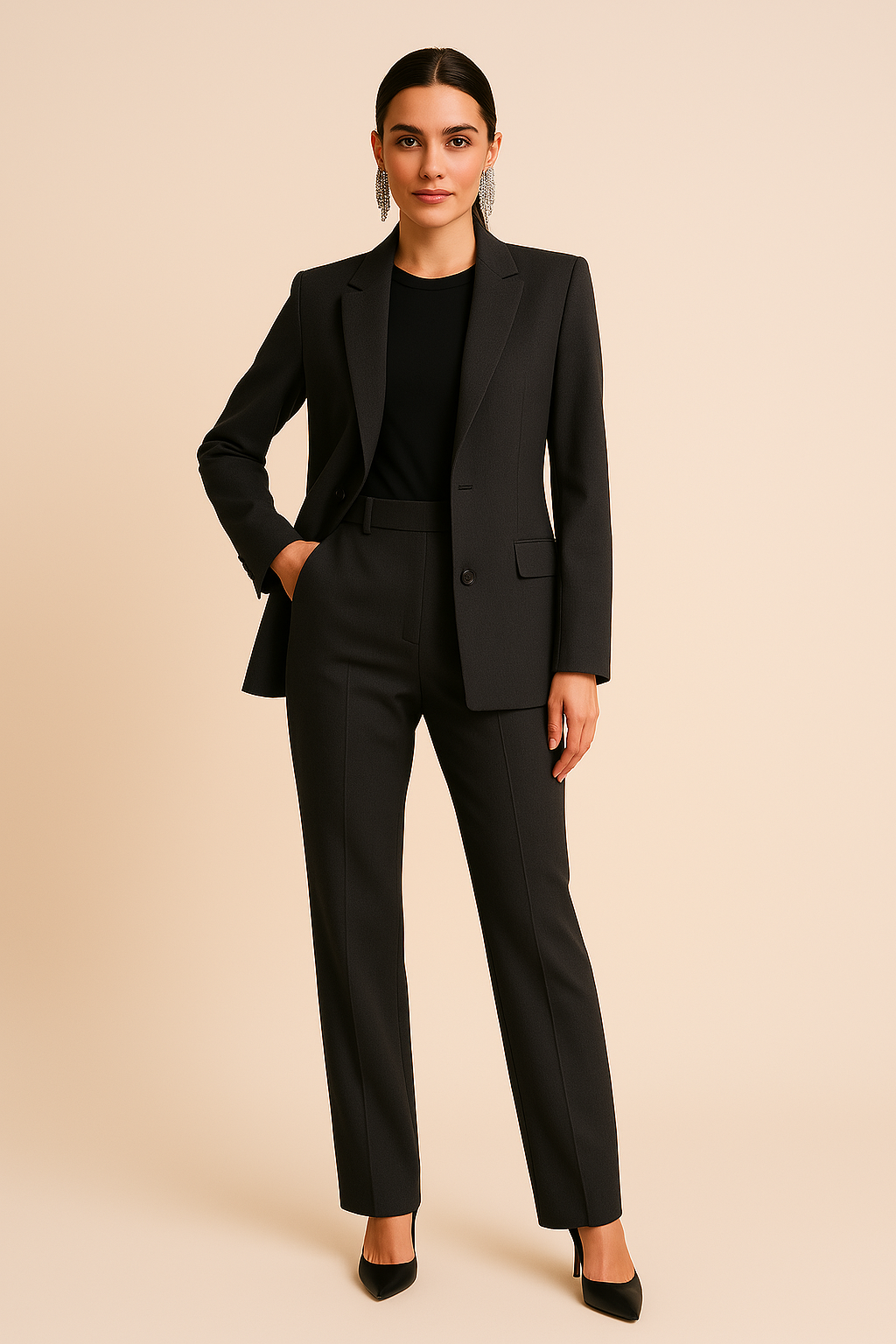 Conjunto elegante de traje de dos piezas para mujer con blazer de sastrería, solapa de muesca y pantalón