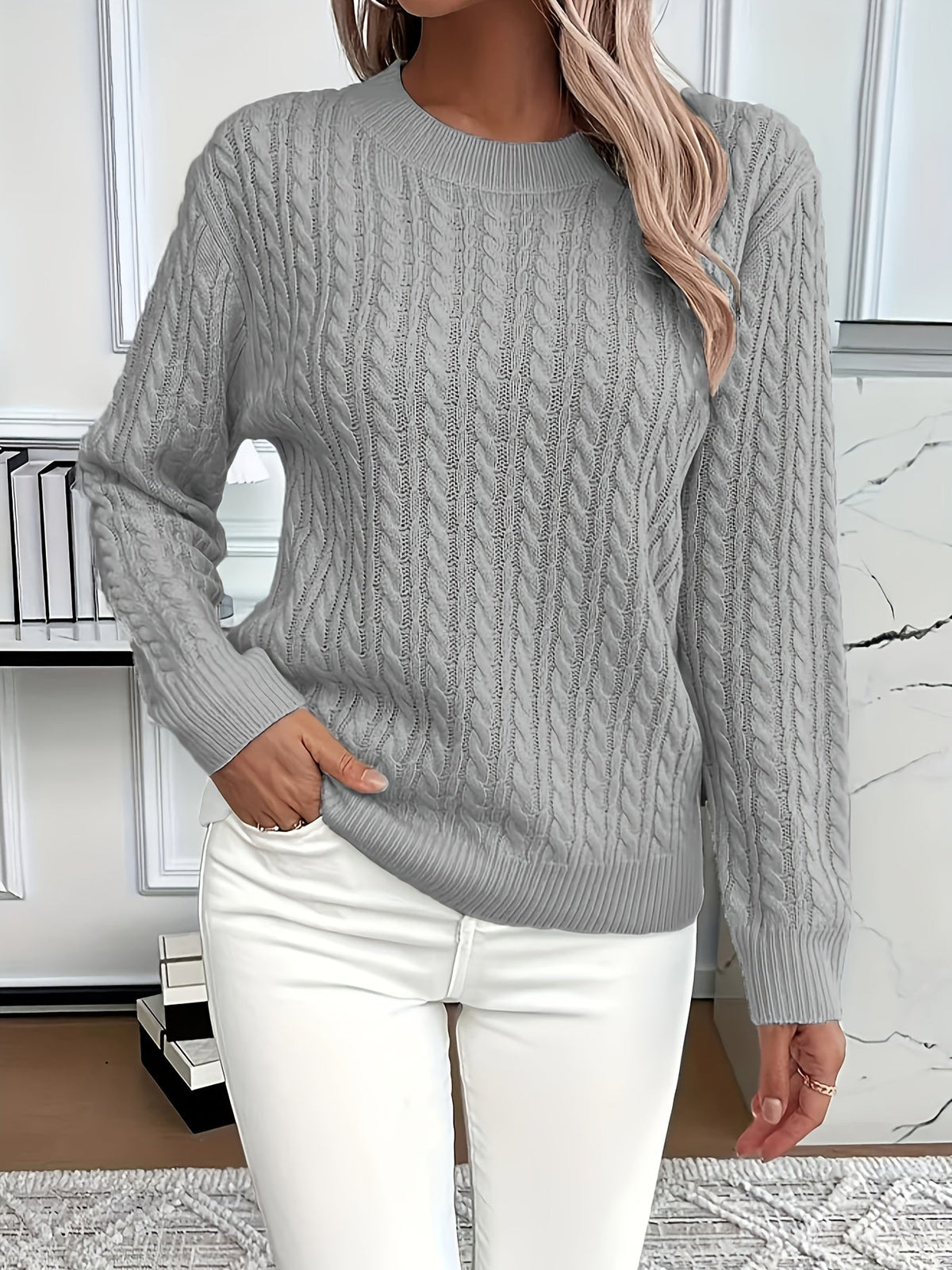 Jersey de Punto Trenzado Cómodo para Mujer con Cuello Redondo, Manga Larga y Estilo Oversize Relajado