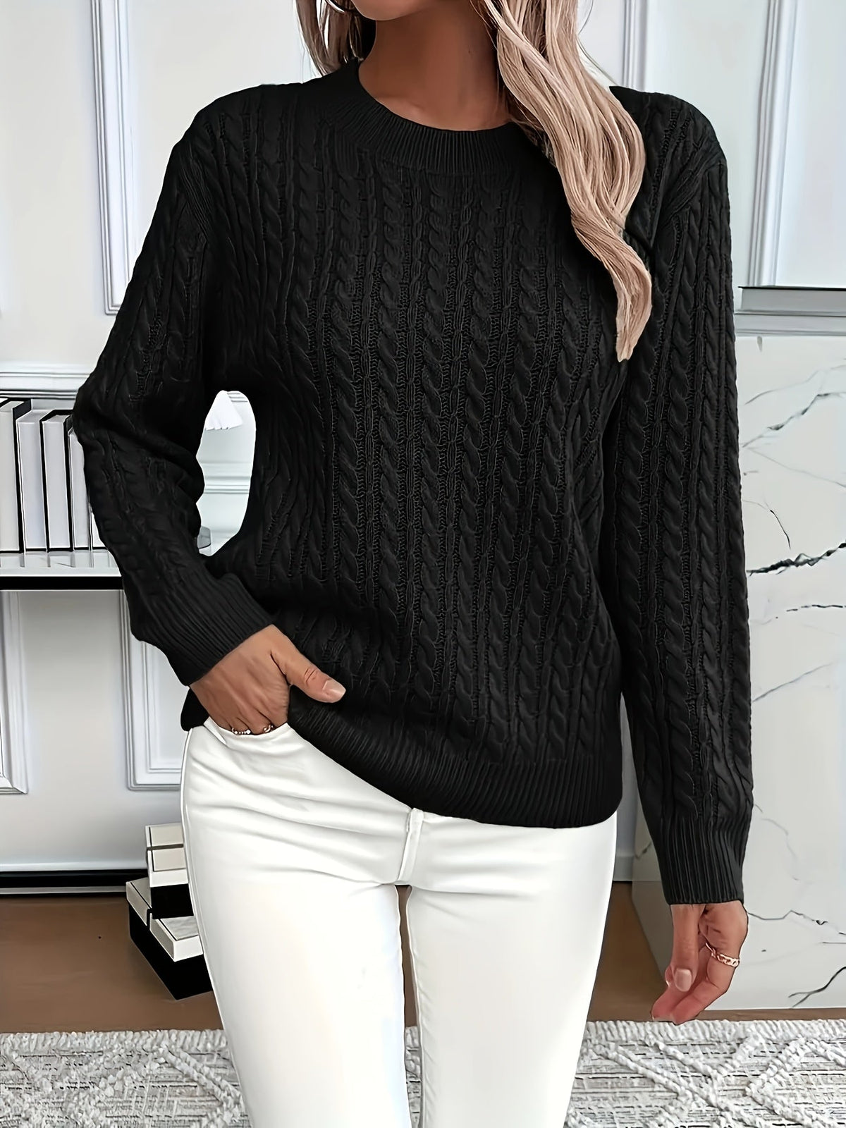 Jersey de Punto Trenzado Cómodo para Mujer con Cuello Redondo, Manga Larga y Estilo Oversize Relajado