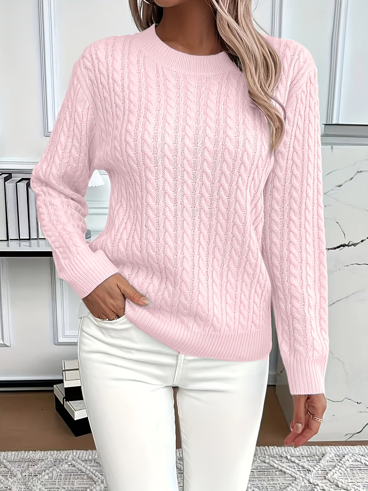 Jersey de Punto Trenzado Cómodo para Mujer con Cuello Redondo, Manga Larga y Estilo Oversize Relajado