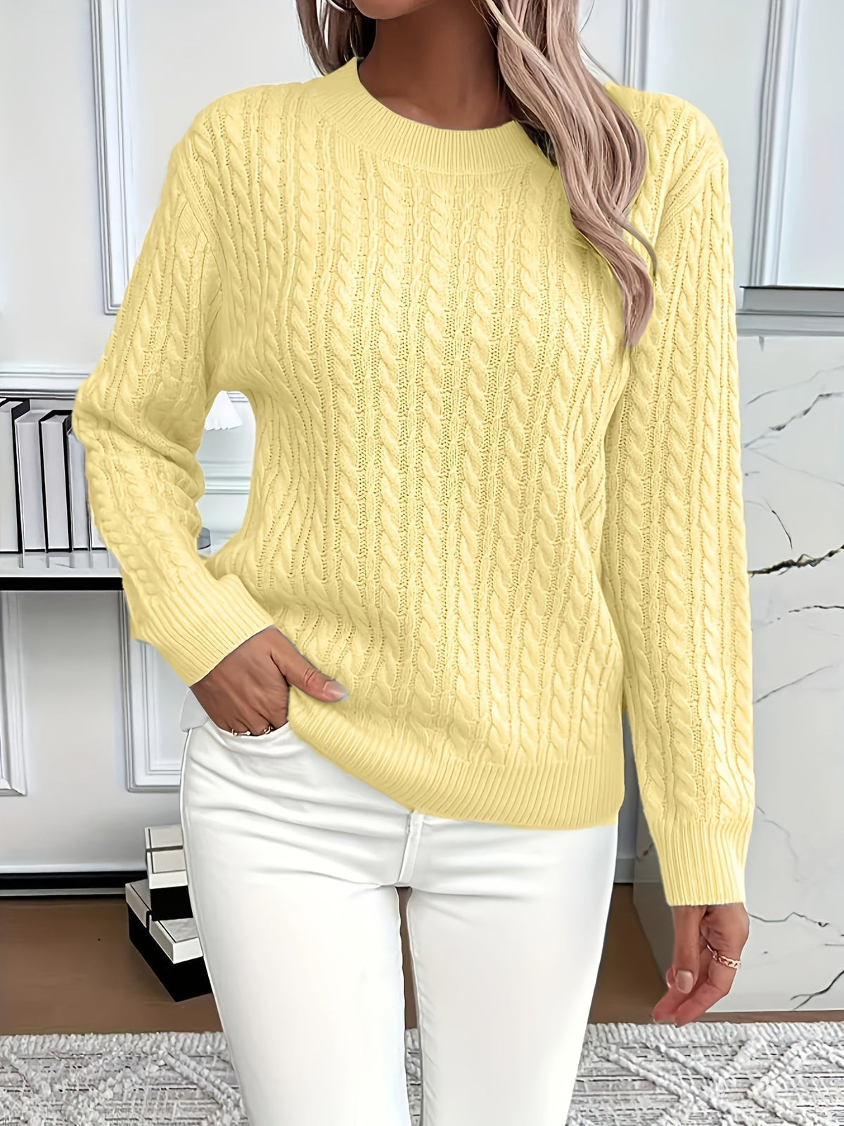 Jersey de Punto Trenzado Cómodo para Mujer con Cuello Redondo, Manga Larga y Estilo Oversize Relajado