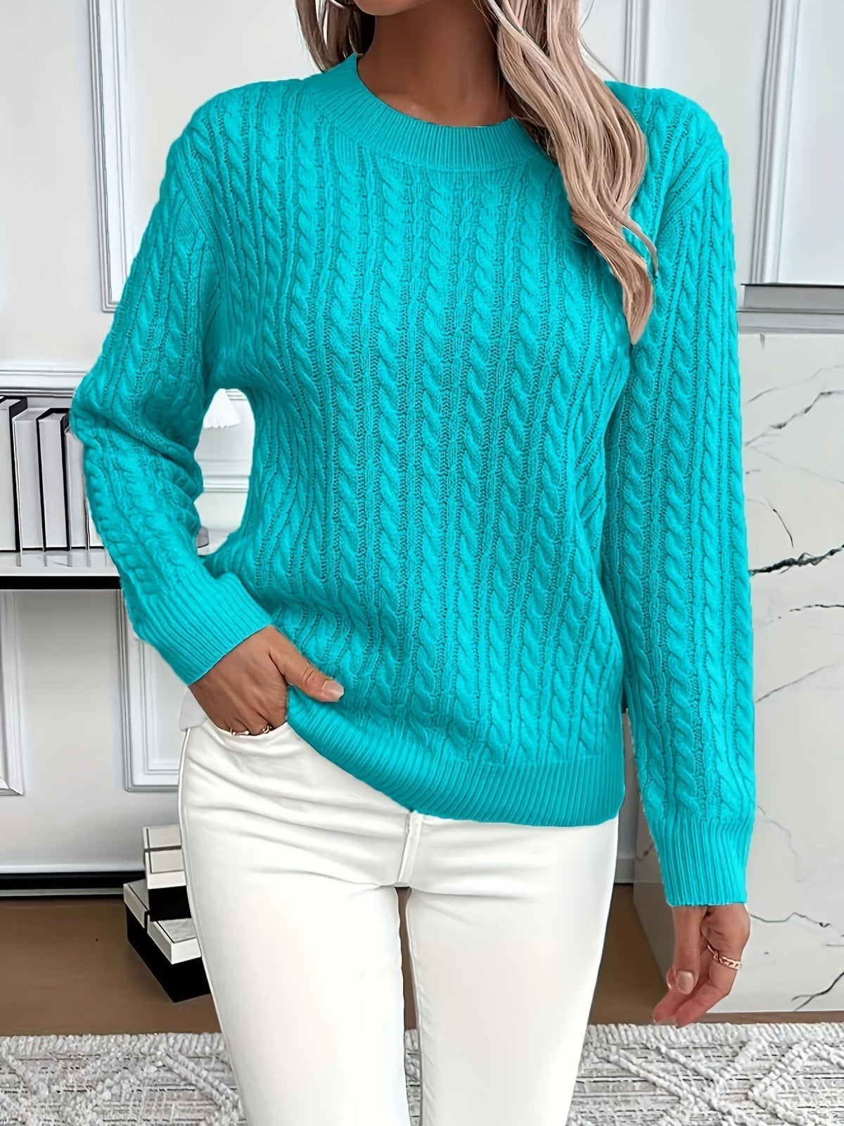 Jersey de Punto Trenzado Cómodo para Mujer con Cuello Redondo, Manga Larga y Estilo Oversize Relajado