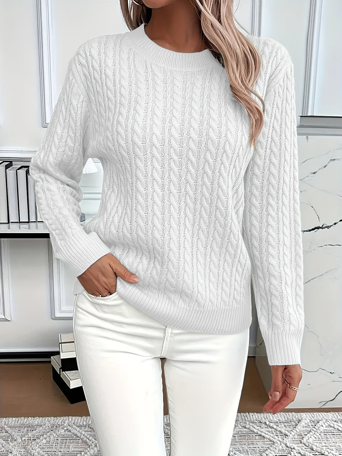 Jersey de Punto Trenzado Cómodo para Mujer con Cuello Redondo, Manga Larga y Estilo Oversize Relajado