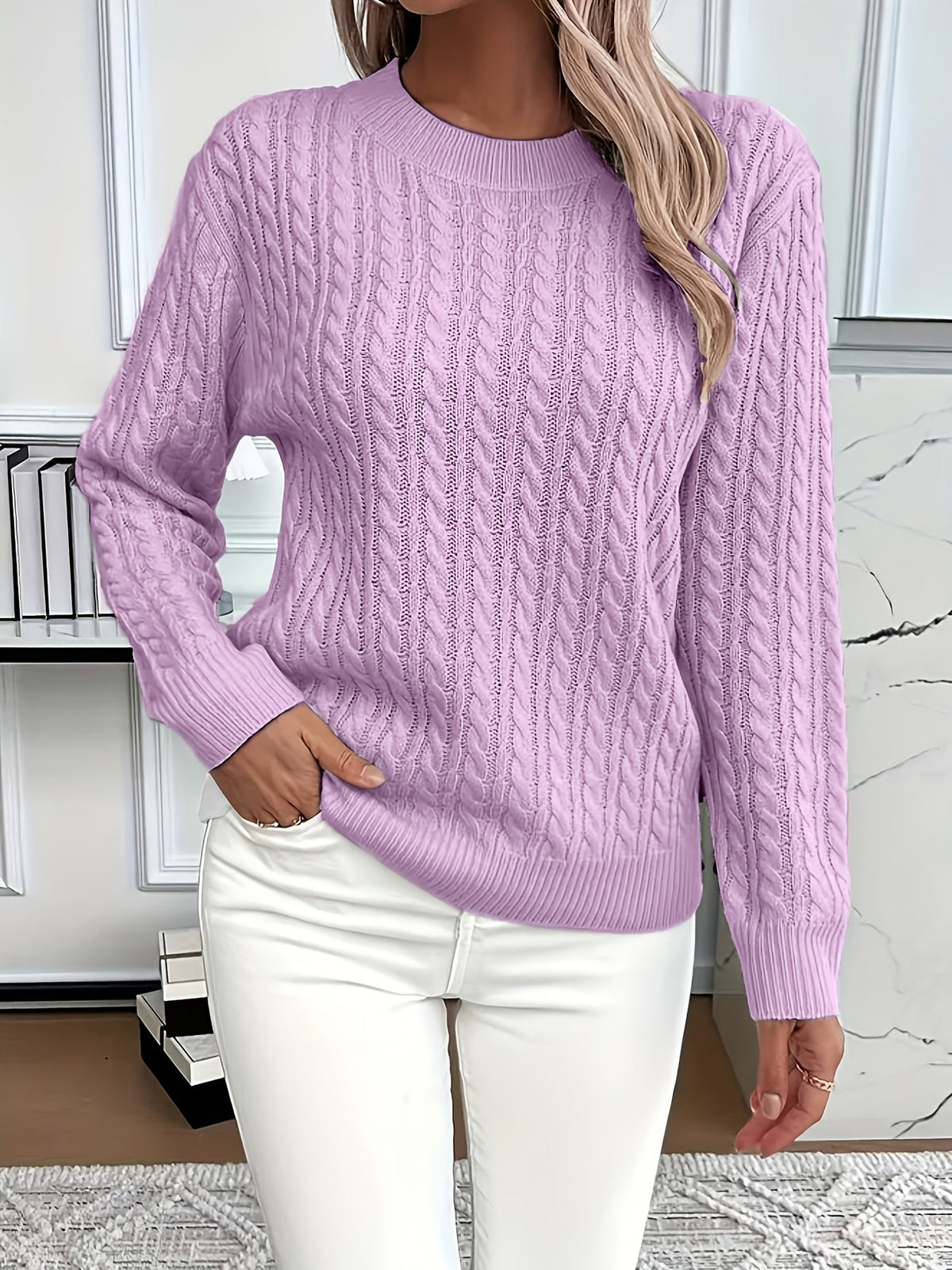 Jersey de Punto Trenzado Cómodo para Mujer con Cuello Redondo, Manga Larga y Estilo Oversize Relajado