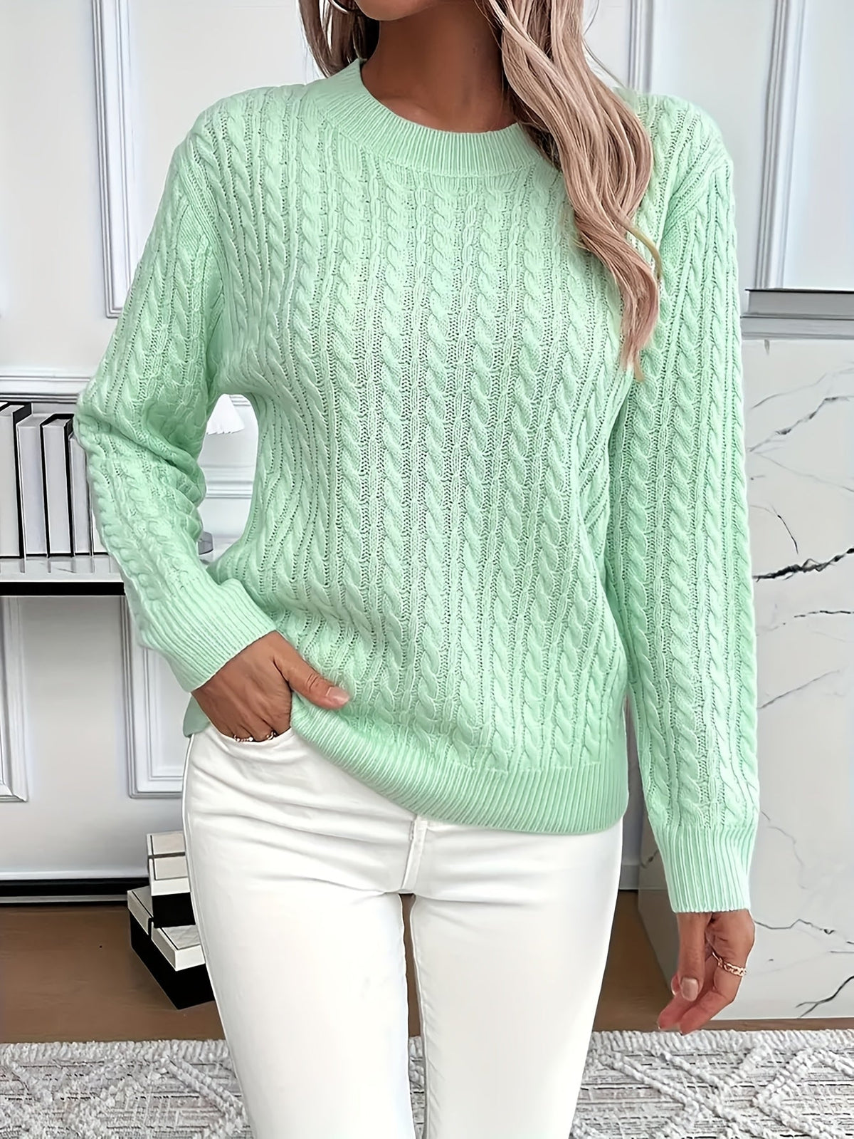 Jersey de Punto Trenzado Cómodo para Mujer con Cuello Redondo, Manga Larga y Estilo Oversize Relajado