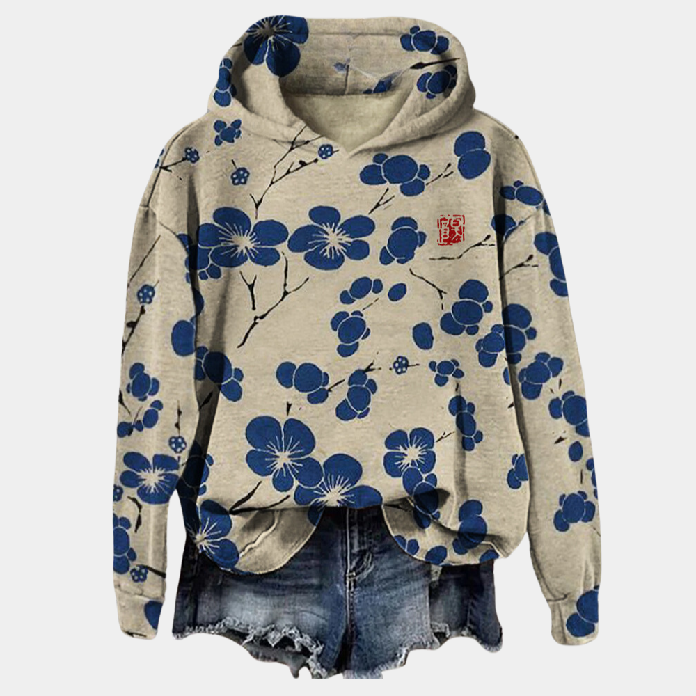Sudadera Estampada de Flores sin Esfuerzo para Mujer con Capucha de Cordón, Manga Larga, Bajo Asimétrico Oversize y Estilo Relajado