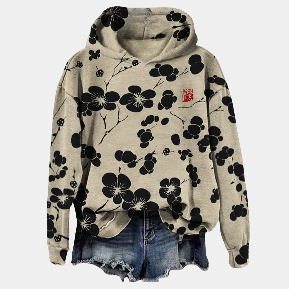 Sudadera Estampada de Flores sin Esfuerzo para Mujer con Capucha de Cordón, Manga Larga, Bajo Asimétrico Oversize y Estilo Relajado